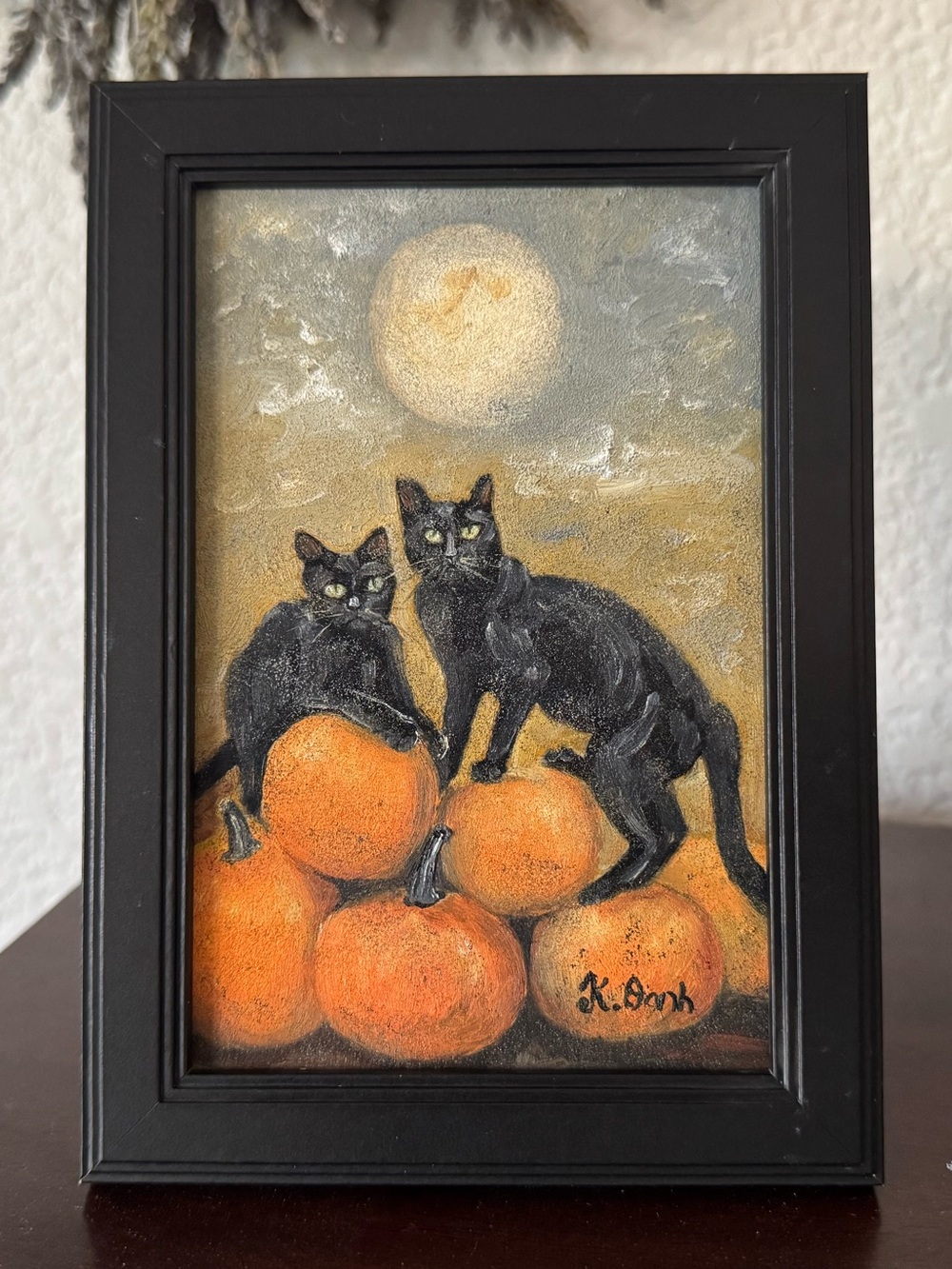 Original oil painting black cats pumpkins autumn Halloween signed framed 4x6 in